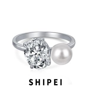 Ringar Shipei Solid 925 Sterling Silver Oval Cut White Sapphire Pearl Gemstone Ring For Women Wedding Engagement Fine Jewets Partihandel