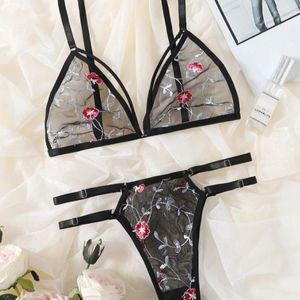 Bras Sets Underwear Sexy Suit Transparent Bra Female 2 Pieces Floral Embroidery Lace Without Steel Support