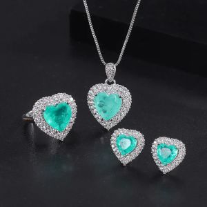 Uppsättningar QTT Classic Heart Shape Crystal Paraiba Tourmaline smyckesuppsättningar för kvinnor Bröllop Bridal Bankett Valentine's Day Gift