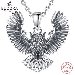 Wisiorki Eudora 925 Sterling Srebrna chłodna sowa naszyjnik dla kobiet Man Vintage Hip Hop Owl Amulet Pendant Osobowość Prezentacja Biżuteria Prezent