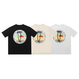 デザイナーRhude TシャツメンズファッションブランドRhude Sunset Coconut Tree Letter Printing男女用Tシャツハイストリートルーズハーフ