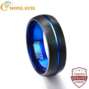 Band Bonlavie Men's 8mm Blue Plated Tungsten Carbide Wedding Band Ring Matte Finish Grooved Size 7 till 12