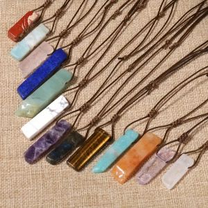 Handwoven Rope Natural Stone Pendant Raw Mineral Irregular Rectangle Quartz Pendulum Amazonite Tiger Eye Lapsi Pink Crystal Necklaces