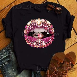 Women's T-Shirt Womens T-Shirt Sexy Colorful Diamonds Lip Print Short Sleeve Tee Casual O-neck Pullover Fashion Trend Female Clothing Loose Top T240221