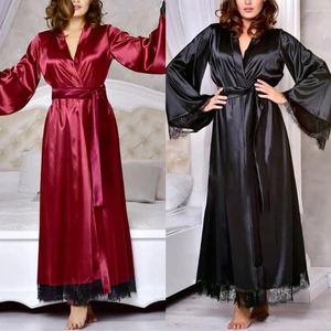 Kobiety sleep salon damska odzież snu Kobiety jedwabna satyna seksowna długa szlafrok koronkowa krawędź Nightdress Kimono Romance Nightgown nocne odzież domowe ubrania domowe