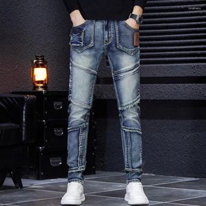 Mäns jeans 2024 Spring och Autumn High-End Small Straight Ben Patchwork Mid Rise Slim Fit Casual Pants