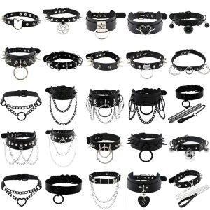 Halsband svart goth choker halsband för kvinnor punk spik nit runda hjärtklocka bälte halsband krage cosplay chocker gotiska tillbehör