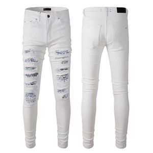 High street mode märke vita smala fit hål lapp denim casual leggings litet rakt rör