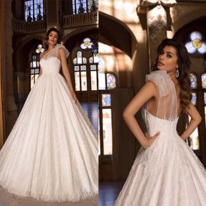 Elegant A Line Women Wedding Dress Sheer Neck One Shoulder Backless Bridal Gowns Appliques Sweep Train Dress Custom Made vestidos de novia