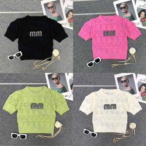 Rhinestone Letter T Shirt knit pullover Tee Womens Tops Designer Knitted Tees Sexy Hollow Sweater Multi Color