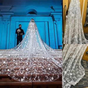 Luxuriöser Hochzeitsschleier mit Spitzenapplikation und Perle, Kathedralenlänge, einlagig, 3 m langer Brautschleier, weiß, elfenbeinfarben, Applikationskante, Velo de Novia Elegante