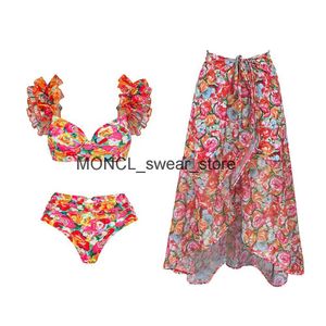 Kvinnors badkläder 2023 Högkvalitativ en bit baddräkt Floral Ruffle tryckt Push Up Women Bikini Set Slimming Bathing Sheat Beach Wearh2422105