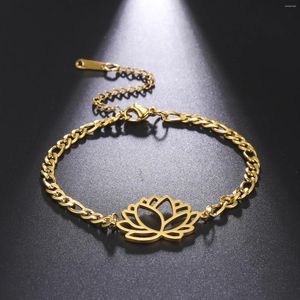 Charm Armband 2024 Titanium Hollow Out Yoga Meditation Lotus Armband Kvinnor Rostfritt stål Figaro -kedja för andliga smycken