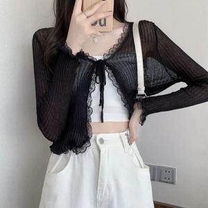 Strickjacken sexy Lace Patchwork Sonnenschutzmittel Strickjacke für Frauen koreanischer Stil Spitze schwarzer dünner gestrickter Tops Frau süße frische Pulloverjacke