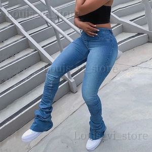 Jeans da donna increspato denim blu pantaloni alti attesa impilati autunno 2023 y2k abbigliamento donna streetwear jeans moda pantaloni skinny tasche T240221