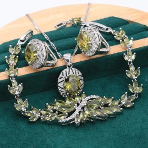 Sets Green Peridot 925 Silver Jewelry Sets For Women Wedding Bracelet Hoop Earrings Necklace Pendant Gift Box