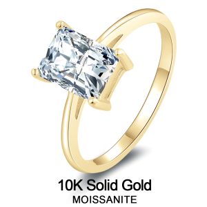 Anéis lnngy na moda 10k anéis de ouro puro 4 garras 6*8mm corte retângulo moissanite solitaire anel para mulher au417 simples bandas de casamento