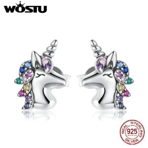 Orecchini WOSTU Orecchini in argento sterling colorato con cavallo colorato Orecchini con unicorno animale arcobaleno per le donne Gioielli in argento moda CTE496