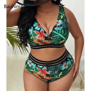 Женские купальные костюмы Bauhinia Новый 5xl Plus Size Swimsuit 2 часа для женщин с высокой талией с высокой талией, набор бикини с цветочной печати летний купальник J240221