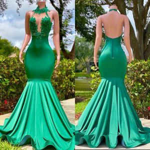 New Mermaid Prom Dresses Sexy Open Back Deep V Neck Appliques Beads Ruffles Long Satin Evening Gowns Formal Occasion Vestidos