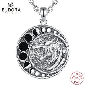 Pendants Eudora 925 Sterling Silver Moon Wolf Necklace for Men Women Vintage Moon Phase Amulet Pendant Personality Jewelry Party Gift