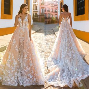 Stunningbride 2024 Sexy Mermaid Blush Wedding Dresses With Detachable Train Crystal Desing Sheer Plunging Neckline Lace Appliqued Plus Size Bridal Gowns