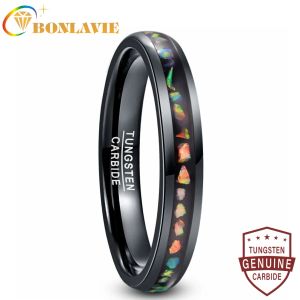 Zespoły Bonlavie Tungsten Pierścień węglika Zmiażdżony ogień opal mężczyzna Women Black Dome Wedding Ring