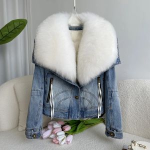 Fur European Goods Niche Design Sense Parka, übergroßer Fuchspelz, abnehmbarer Denim-Pelzmantel, kurze Gänsedaunenjacke für Damen