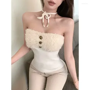 Serbatoi femminili Lambswool coreani giunture a colori solidi CAMISOLE casual Donne 2024 Spring Off-Shoulder Lace-Up Sexy Slim All Match Crop Tops