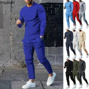 Nya 2024 Mens High-End 2st-byxor set med långa ärmar och solid sportsxlocka Set+Jogging Pants Sportwear Set för män 240221