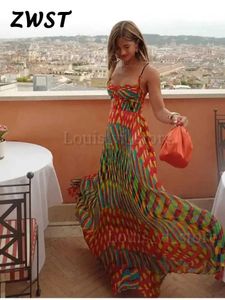 Basic Casual Dresses Print Contrasting Sling Maxi Dresses For Women Beach Colorful Sleeveless Backless Loose Dress Lady Summer Vacation Vestidos T240221