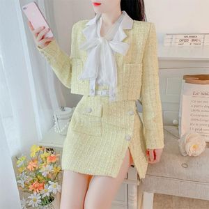 Zweiteiliges Kleid UNXX Frühling Herbst Französisch Stil Blazer Kragen Plaid Kurze Jacke Midi Rock Set Für Frauen Weibliche Büro Dame