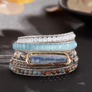 Pulseiras de pedra natural aquamarine sem forma turquesa quatro camadas cor trançada lizhu grânulo série pulseira para mulheres menina jóias presente