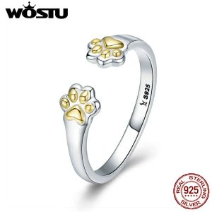 リングWostu Animal Collection 100％925 Sterling Silver Cat Dog Paw Finger Rings for Womand