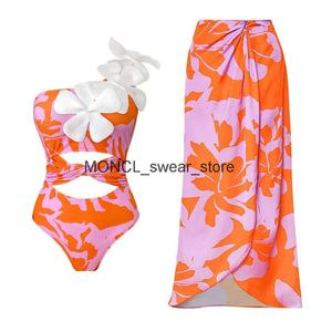 Kvinnors badkläder 2024 Sexig en axelbit baddräkt Kvinnor med kjol Monokini Print Mesh Bathing Swim Swim Suit Wear Beachwearh24221