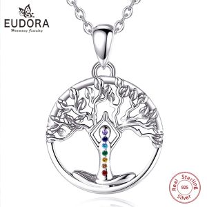 Wisiorki Eudora 925 Sterling Silver 7 Chakra Tree of Life Naszyjnik Manoga Joga Charm Amulet Wiselant Drobne temperament Biżuteria Prezent