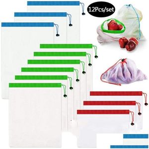 Other Kitchen Storage Organization 12Pcs/Set Reusable Mesh Bags Dstring Pocket Pouch For Fruit Vegetable Shop Grocery Produce Bag Dhsxb