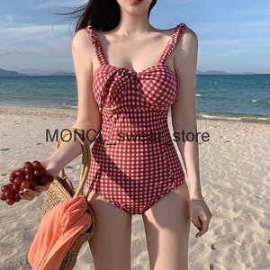 Kvinnors badkläder Sexig Bandeau One Piece Swimsuit Women Rem Plaid Push Up Monokini Pad Swim Suit Bow Red Bathingh24221