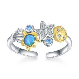 Rings 925 Sterling Silver Opal Turtle Ocean Blue Sea Life Starfish Shell Star Rings Summer Beach Jewelry Birthday Gifts for Women Girl