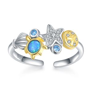 Anelli Argento sterling 925 Opale Tartaruga Oceano Blu Vita marina Stella marina Conchiglia Stella Anelli Gioielli da spiaggia estiva Regali di compleanno per donne Ragazza