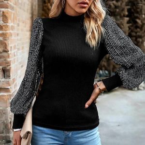 Women's Blouses Women Top Stylish Sequin Patchwork Slim Fit Mock Neck Puff Sleeves Trendy Long Sleeve Tops For Casual Chic Solid