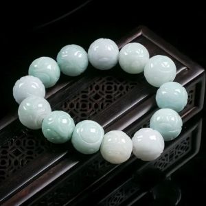 Bangles Jade Pedra Jadeite Esmeralda Bead Pulseira Charme Jóias Acessórios de Moda Chinês Esculpido Amuleto Presentes para Mulheres Ela