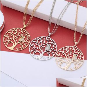 Pendant Necklaces Fashion Cute Life Of Tree Crystal Owl Pendant Necklace For Women Vintage Sier Gold Plated Mtilayer Chain L Dhgarden Dhjfl