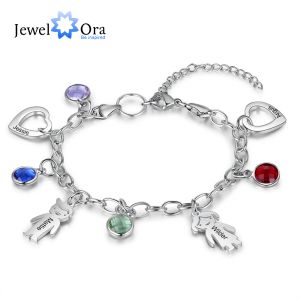 Bracelets JewelOra Personalized Engraved Name Boy Girl Heart Charm Bracelets for Women Custom 4 Birthstone Stainless Steel Chain Bracelet