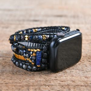 Braccialetti in pietra naturale nera per Apple Watch perline Hiphop 5 cinturino per orologio in corda di cera avvolgente cinturino da polso vegano braccialetto all'ingrosso