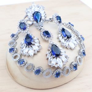 Conjuntos de joias de prata 925 para mulheres, pulseiras de zircônia azul, brincos, anéis, pingente, colar de casamento