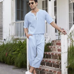 Summer Cotton Linen Shirt Set Mens Casual Outdoor 2-Piece Set och Family Clothing Pyjamas bekväma och andningsbara strand Kortärmad uppsättning 240221