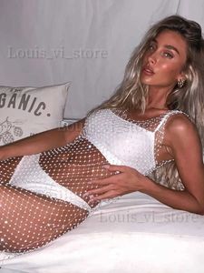 Podstawowe sukienki swobodne Fishnet Blish Rhinestone Sears Party Sukienki Kobiety Sexy See Through Side Split Hollow Dress Beach Bikini Sukienka T240221