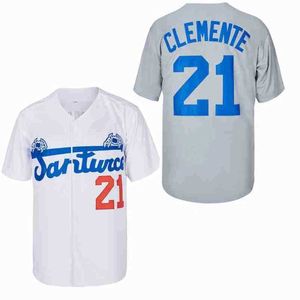 Homens camisetas Baseball Jersey Santurce Crabbers Porto Rico 21 Clemente Jerseys Costura Bordado Alta Qualidade Esportes Ao Ar Livre Branco Cinza Novo J240221