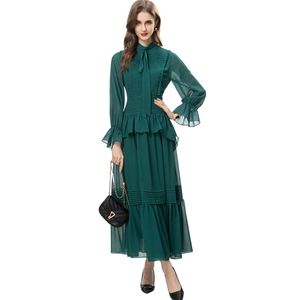 Women's Runway Dresses Lace Up Collar Long Sleeves Ruffles Pelpum Pleated Fashion Party Prom Casual Vestidos